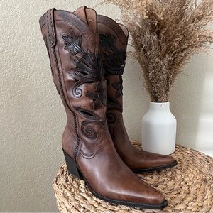 Carlos Santana Slinger cutout floral brown leather western boho cowboy boots 8.5